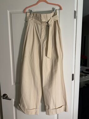 High-Waist Wide Leg Belted Trousers - Cream